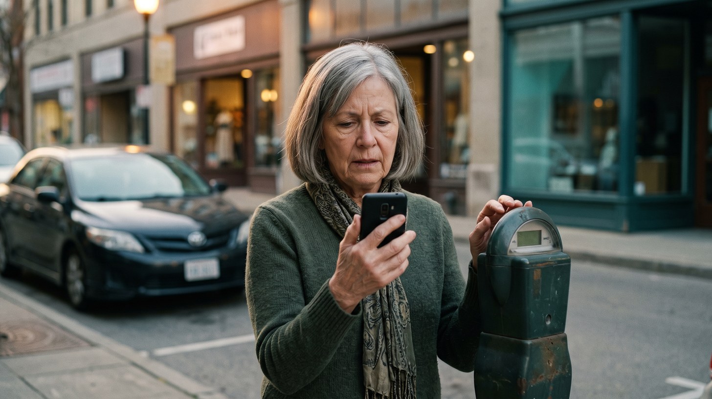 An older woman stands at a city parking meter holding her phone, reading the screen